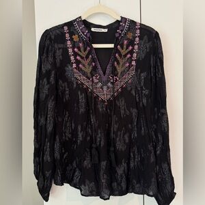 Woolworths Black Embroidered V-Neck semi sheer top